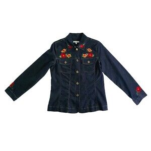 NWT Rebecca Malone Womens Small Denim Shirt Jacket Floral Embroidered Textured